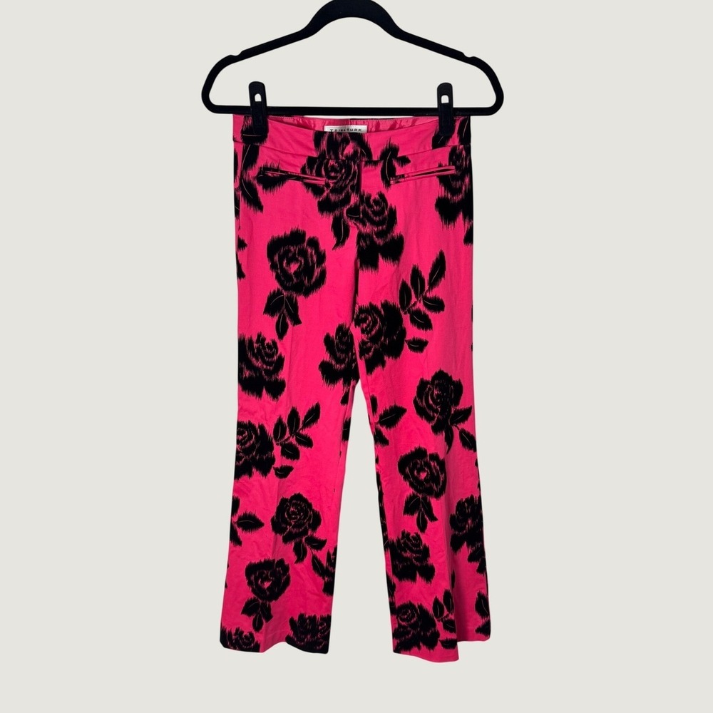 Trina Turk Hot Pink Black Floral Velvet Pants Pink Sz 0 Slight Flare Leg